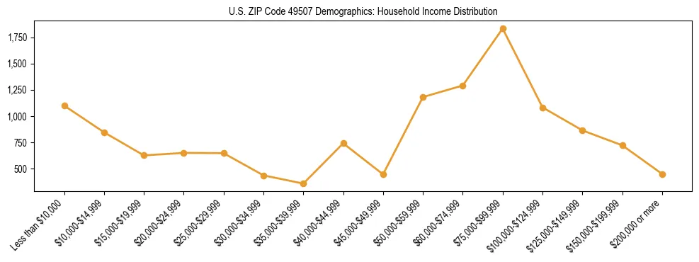 Horizontal bar chart showing household income distribution in US ZIP Code 49507.
