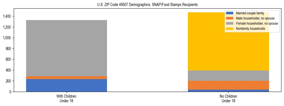 Stacked bar chart showing SNAP/Food Stamps recipient household composition by presence of children under 18 in US ZIP Code 49507, based on 2023 ACS data.