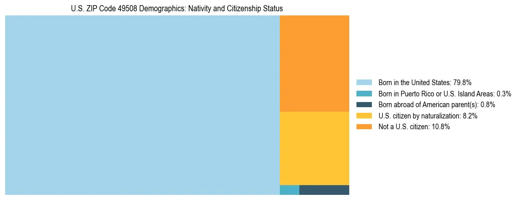 Treemap showing the population distribution by nativity and citizenship status in US ZIP Code 49508 based on U.S. Census data.