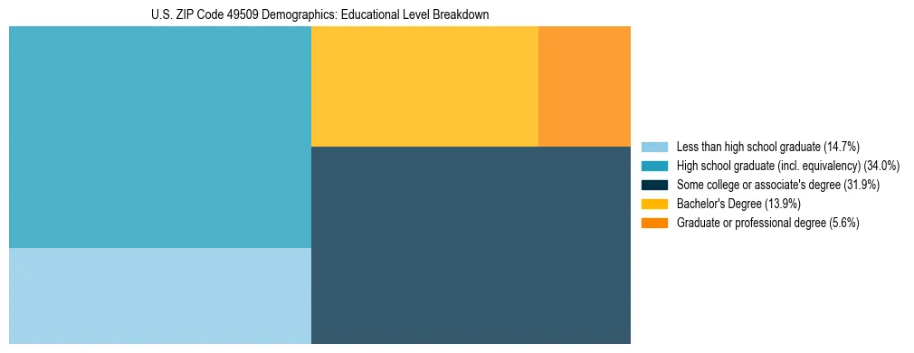 Treemap chart illustrating the educational attainment breakdown for population 25 years and over in US ZIP Code 49509.