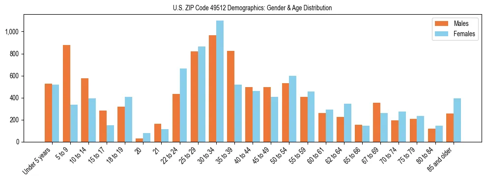 Bar chart showing the population distribution of US ZIP Code 49512 by age group and gender, based on 2023 ACS data.