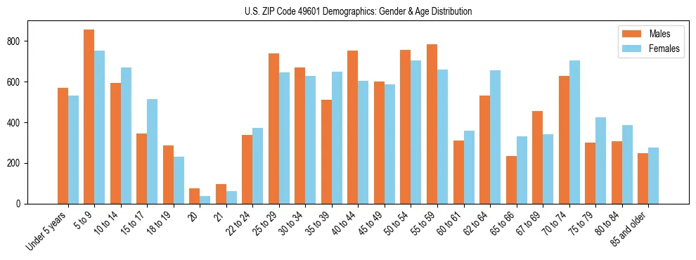 Bar chart showing the population distribution of US ZIP Code 49601 by age group and gender, based on 2023 ACS data.