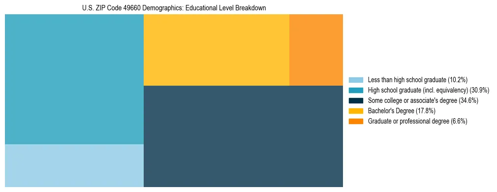 Treemap chart illustrating the educational attainment breakdown for population 25 years and over in US ZIP Code 49660.