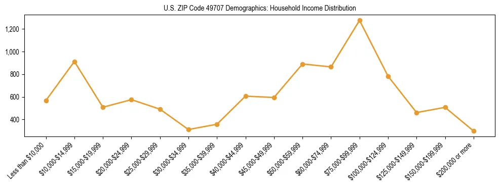 Horizontal bar chart showing household income distribution in US ZIP Code 49707.