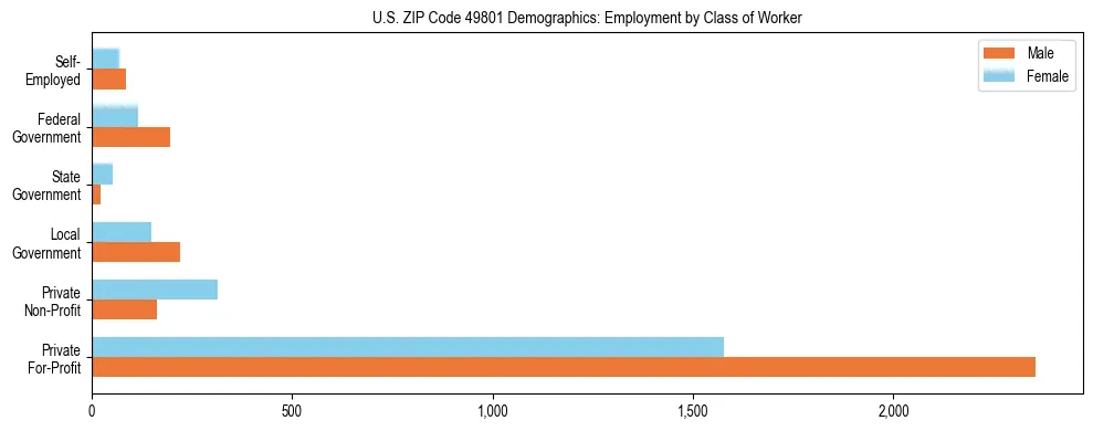 Horizontal bar chart showing employment distribution by class of worker and gender in US ZIP Code 49801, based on 2023 ACS data.