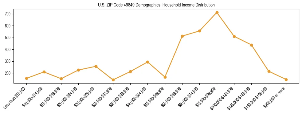 Horizontal bar chart showing household income distribution in US ZIP Code 49849.