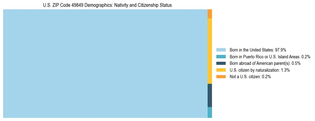 Treemap showing the population distribution by nativity and citizenship status in US ZIP Code 49849 based on U.S. Census data.