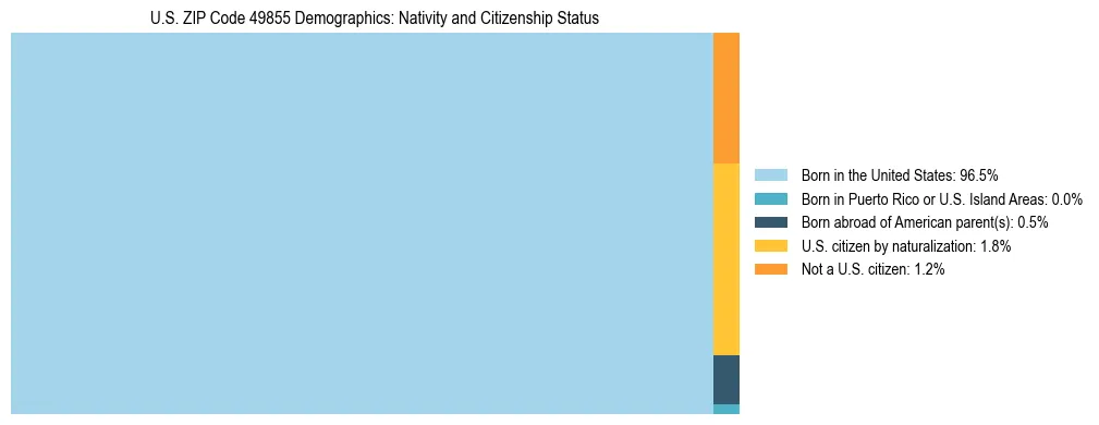 Treemap showing the population distribution by nativity and citizenship status in US ZIP Code 49855 based on U.S. Census data.