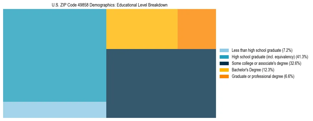 Treemap chart illustrating the educational attainment breakdown for population 25 years and over in US ZIP Code 49858.