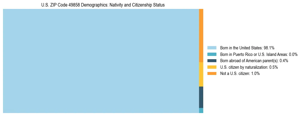 Treemap showing the population distribution by nativity and citizenship status in US ZIP Code 49858 based on U.S. Census data.