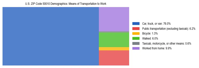 Treemap showing means of transportation to work distribution in US ZIP Code 50010.