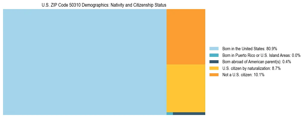 Treemap showing the population distribution by nativity and citizenship status in US ZIP Code 50310 based on U.S. Census data.