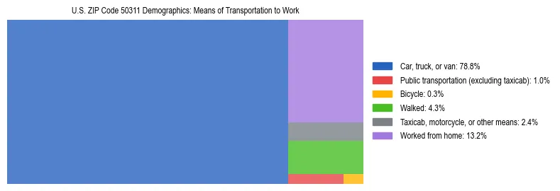 Treemap showing means of transportation to work distribution in US ZIP Code 50311.