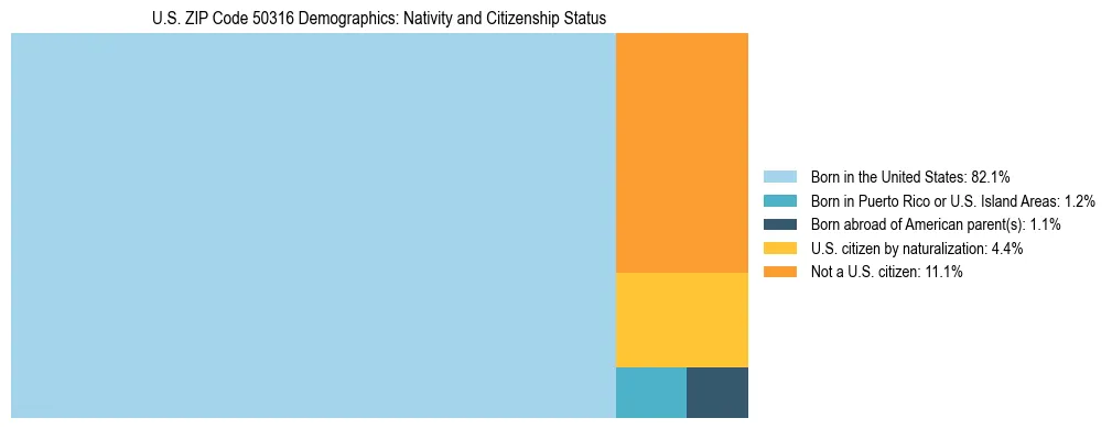 Treemap showing the population distribution by nativity and citizenship status in US ZIP Code 50316 based on U.S. Census data.