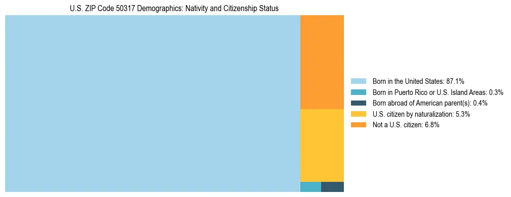Treemap showing the population distribution by nativity and citizenship status in US ZIP Code 50317 based on U.S. Census data.