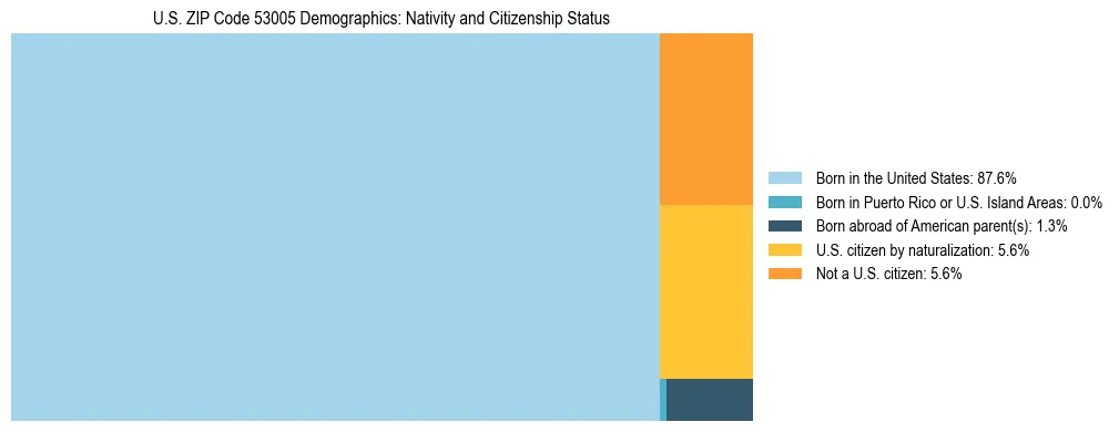 Treemap showing the population distribution by nativity and citizenship status in US ZIP Code 53005 based on U.S. Census data.