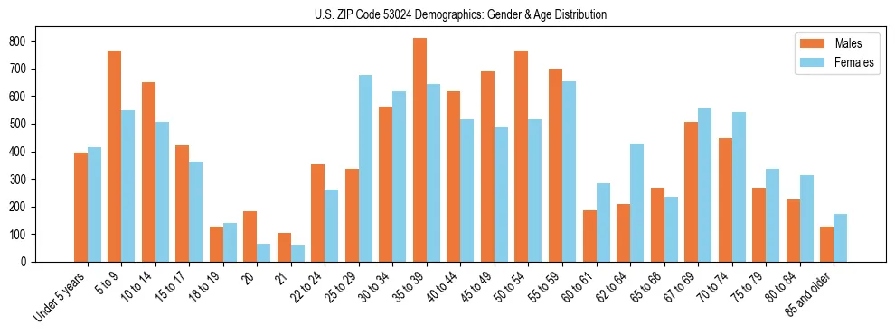 Bar chart showing the population distribution of US ZIP Code 53024 by age group and gender, based on 2023 ACS data.