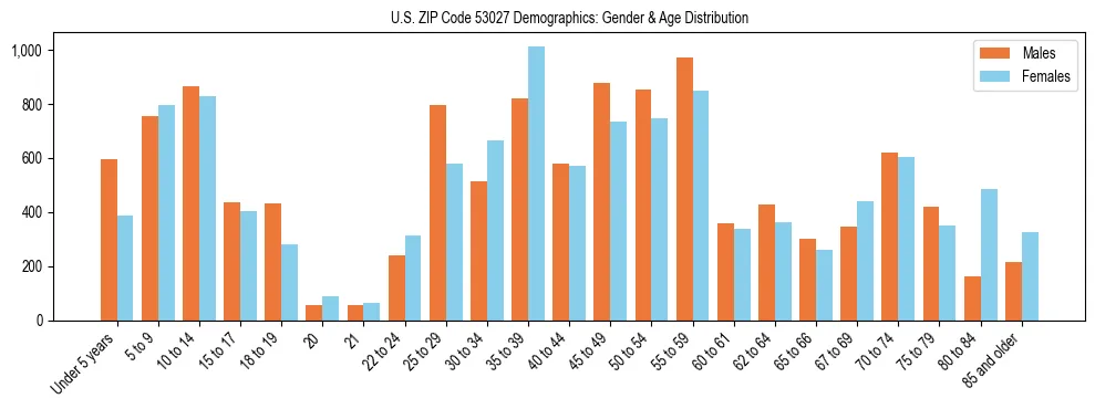 Bar chart showing the population distribution of US ZIP Code 53027 by age group and gender, based on 2023 ACS data.