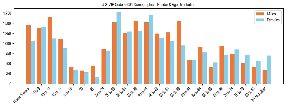 Bar chart showing the population distribution of US ZIP Code 53081 by age group and gender, based on 2023 ACS data.