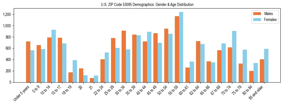 Bar chart showing the population distribution of US ZIP Code 53095 by age group and gender, based on 2023 ACS data.