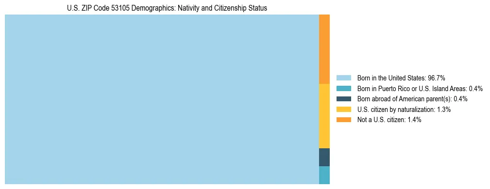 Treemap showing the population distribution by nativity and citizenship status in US ZIP Code 53105 based on U.S. Census data.