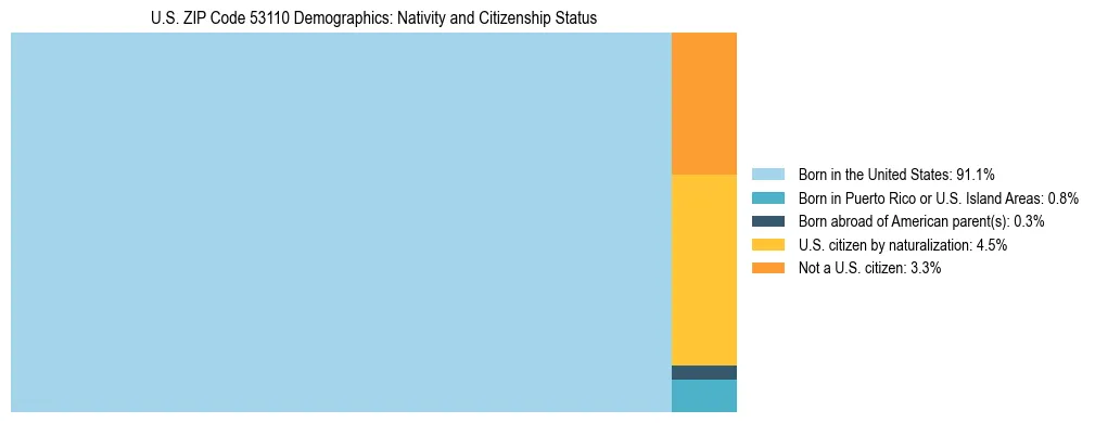 Treemap showing the population distribution by nativity and citizenship status in US ZIP Code 53110 based on U.S. Census data.