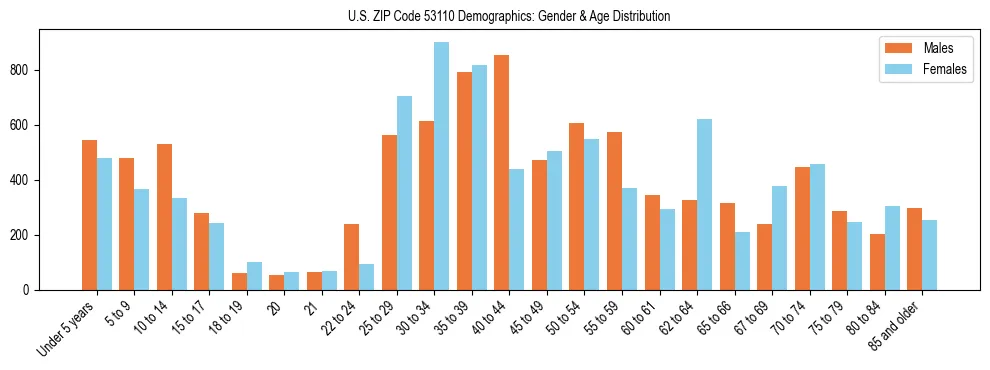 Bar chart showing the population distribution of US ZIP Code 53110 by age group and gender, based on 2023 ACS data.