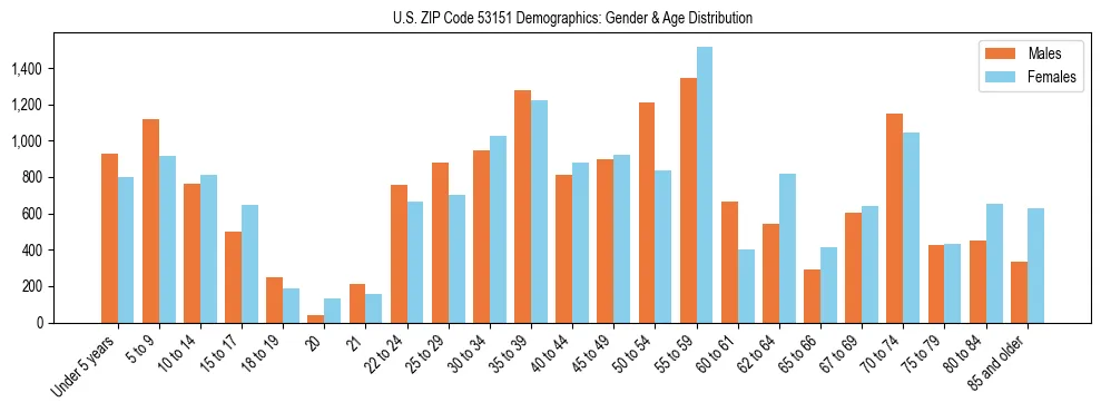 Bar chart showing the population distribution of US ZIP Code 53151 by age group and gender, based on 2023 ACS data.