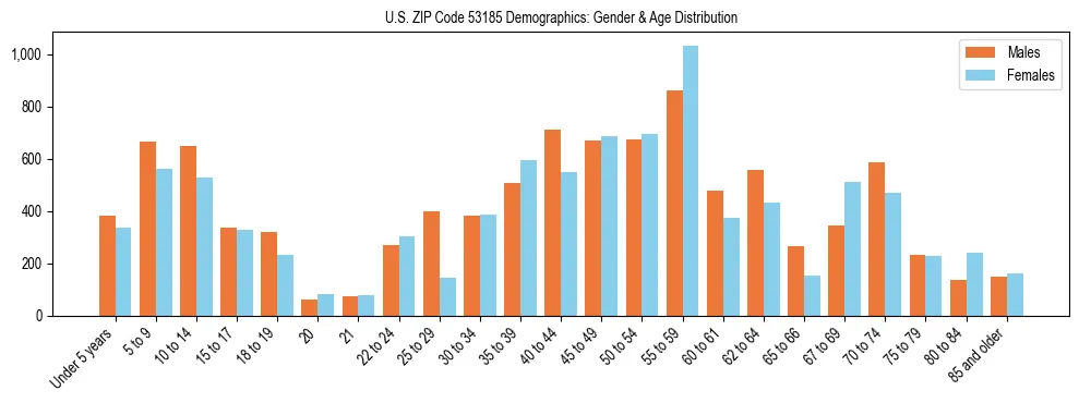 Bar chart showing the population distribution of US ZIP Code 53185 by age group and gender, based on 2023 ACS data.