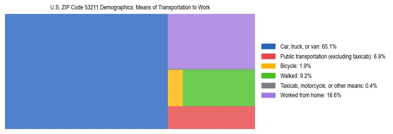 Treemap showing means of transportation to work distribution in US ZIP Code 53211.