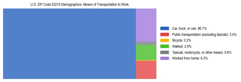 Treemap showing means of transportation to work distribution in US ZIP Code 53215.