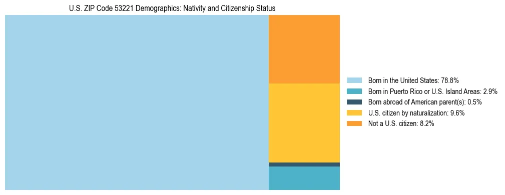 Treemap showing the population distribution by nativity and citizenship status in US ZIP Code 53221 based on U.S. Census data.