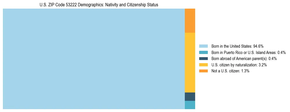 Treemap showing the population distribution by nativity and citizenship status in US ZIP Code 53222 based on U.S. Census data.