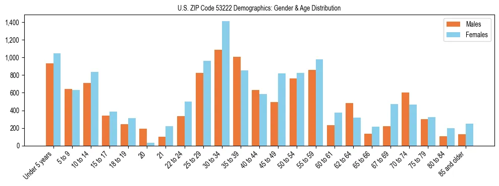 Bar chart showing the population distribution of US ZIP Code 53222 by age group and gender, based on 2023 ACS data.