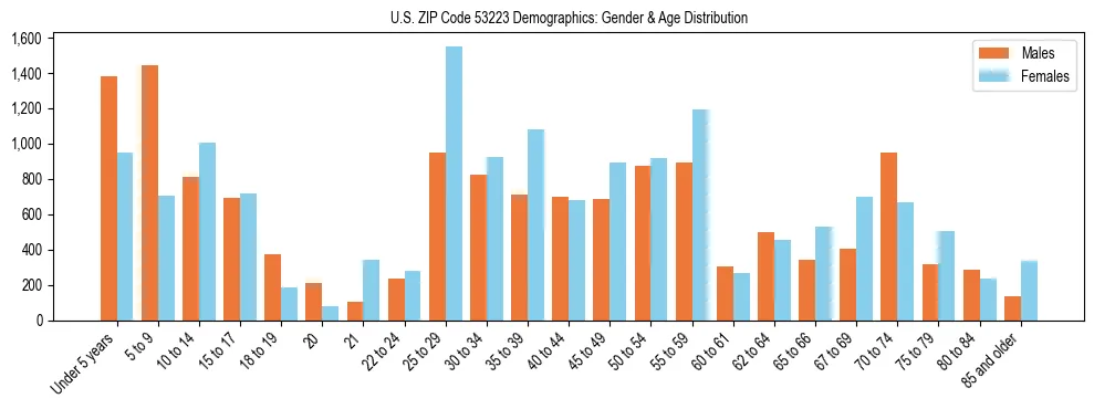 Bar chart showing the population distribution of US ZIP Code 53223 by age group and gender, based on 2023 ACS data.