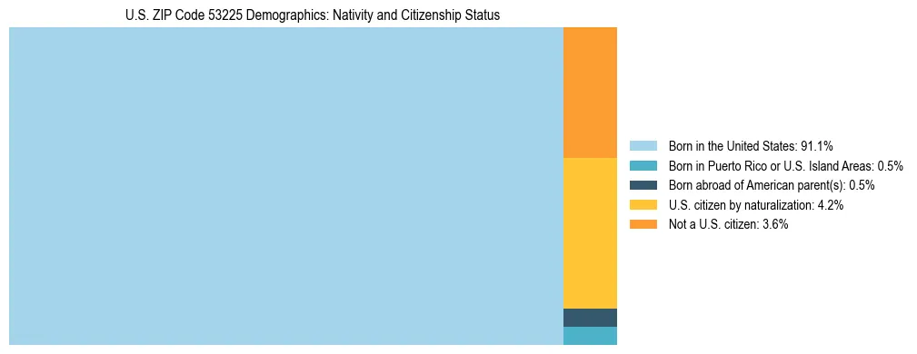 Treemap showing the population distribution by nativity and citizenship status in US ZIP Code 53225 based on U.S. Census data.