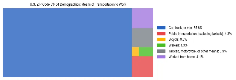 Treemap showing means of transportation to work distribution in US ZIP Code 53404.