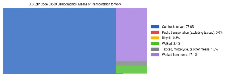 Treemap showing means of transportation to work distribution in US ZIP Code 53589.