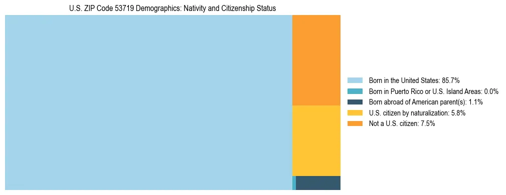 Treemap showing the population distribution by nativity and citizenship status in US ZIP Code 53719 based on U.S. Census data.