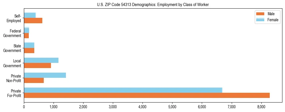 Horizontal bar chart showing employment distribution by class of worker and gender in US ZIP Code 54313, based on 2023 ACS data.