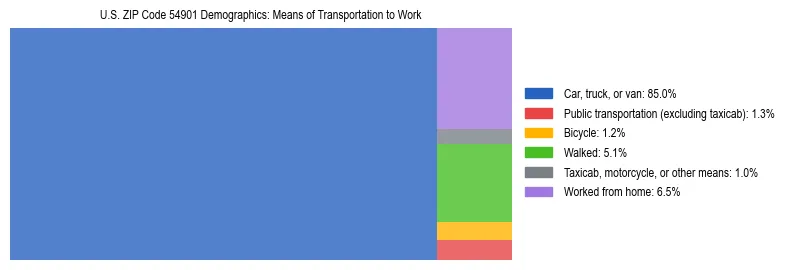 Treemap showing means of transportation to work distribution in US ZIP Code 54901.