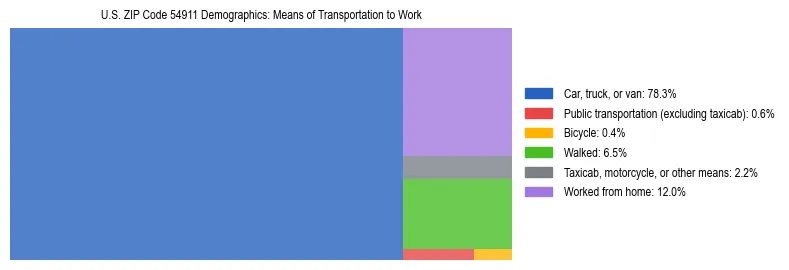 Treemap showing means of transportation to work distribution in US ZIP Code 54911.