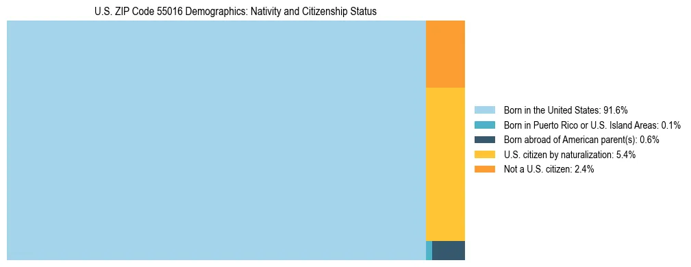 Treemap showing the population distribution by nativity and citizenship status in US ZIP Code 55016 based on U.S. Census data.