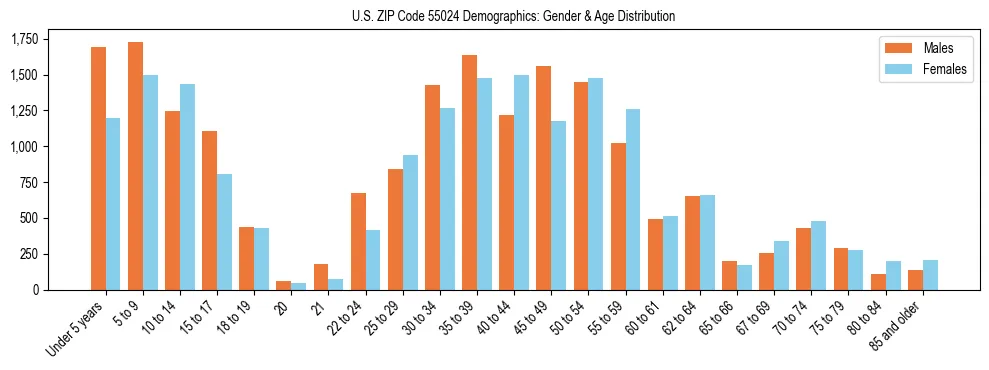 Bar chart showing the population distribution of US ZIP Code 55024 by age group and gender, based on 2023 ACS data.