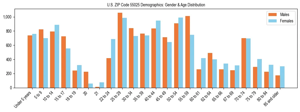Bar chart showing the population distribution of US ZIP Code 55025 by age group and gender, based on 2023 ACS data.