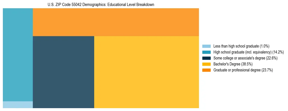 Treemap chart illustrating the educational attainment breakdown for population 25 years and over in US ZIP Code 55042.
