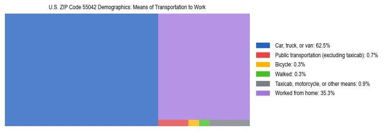 Treemap showing means of transportation to work distribution in US ZIP Code 55042.