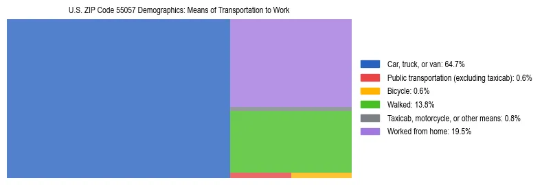 Treemap showing means of transportation to work distribution in US ZIP Code 55057.