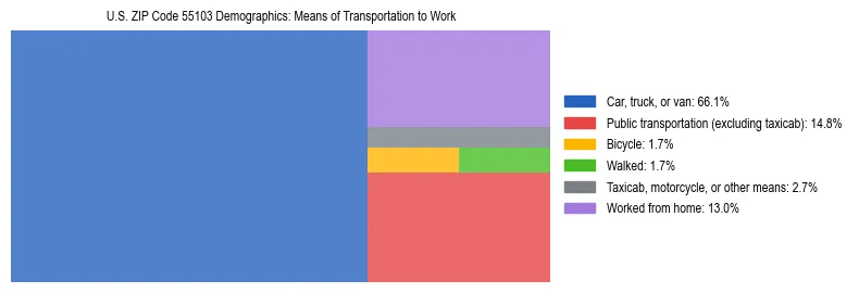 Treemap showing means of transportation to work distribution in US ZIP Code 55103.