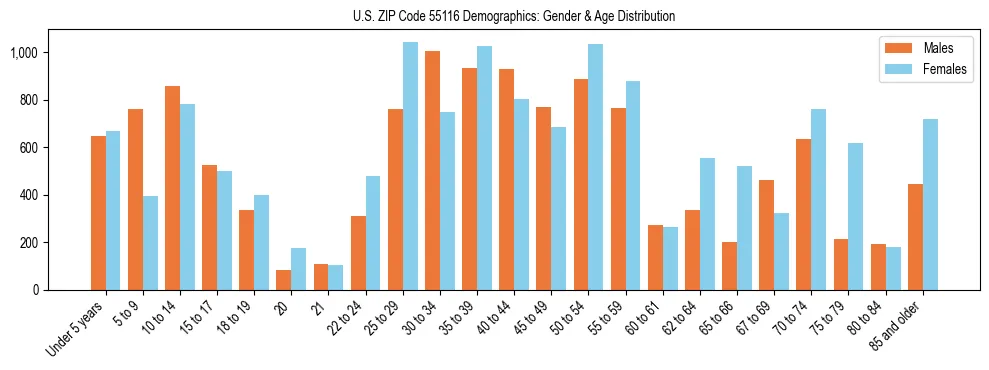 Bar chart showing the population distribution of US ZIP Code 55116 by age group and gender, based on 2023 ACS data.